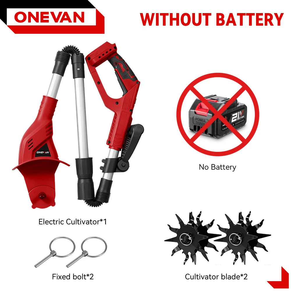 ONEVAN Brushless 1600W Electric Rototiller Tiller Cultivator Lawn Mower Cordless Scarifier Garden Tool For Makita Battery Pin