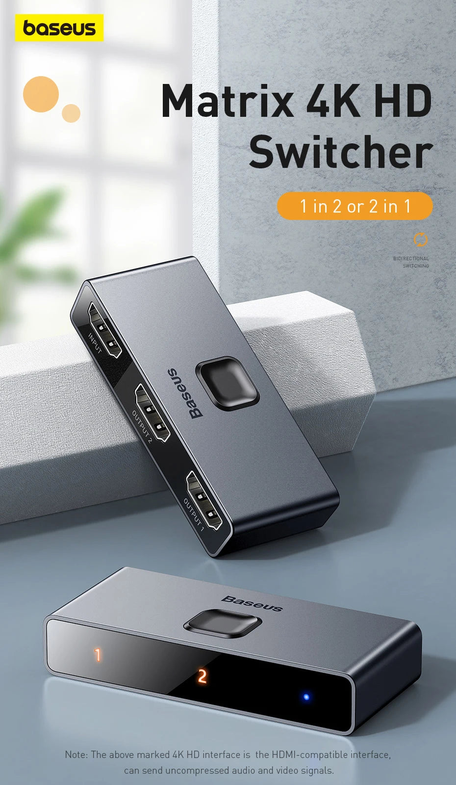 Baseus HDMI‑Compatible Switcher 4K 60Hz Bi‑Direction