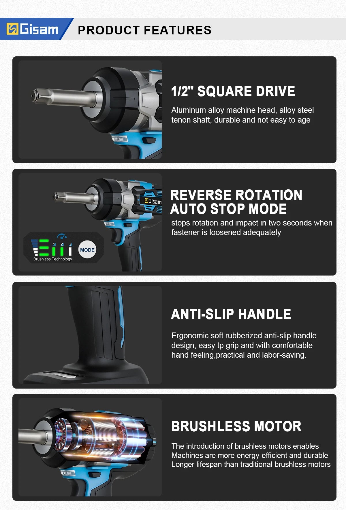 Gisam 2800N.m Brushless Extended Anvil Impact Wrench 1/2"