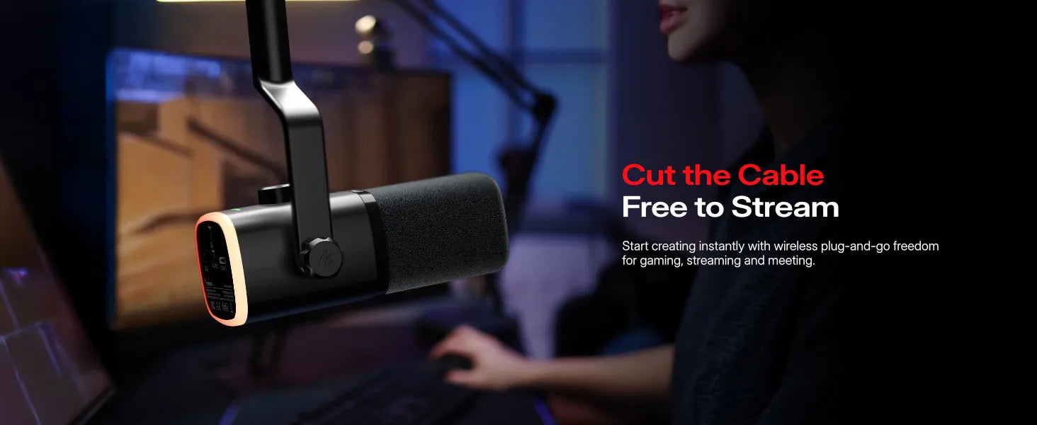 Maono PD100W – Wireless Dynamic Microphone | 50 m Range, One‑Touch Noise Reduction & RGB Lighting for Gaming, Streaming & Live Recording