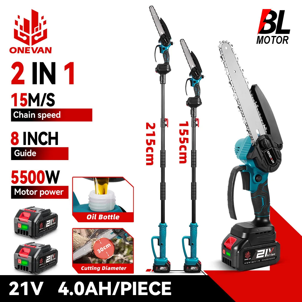 ONEVAN 5500W Brushless Telescoping Pole Saw | 8" Chain, Extendable, High‑Branch Pruning, Battery Powered