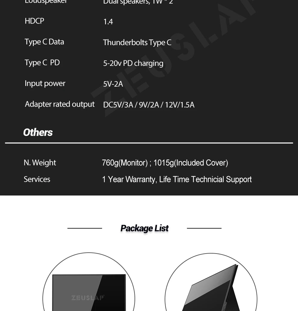 ZEUSLAP 15.6" Portable Monitor | Ultrathin 1080P FHD HDR IPS, Touch/Non‑Touch, USB‑C & HDMI