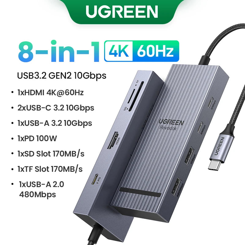 UGREEN 10Gbps USB‑C Hub with 4K60Hz HDMI, Gigabit RJ45, PD100W, SD/TF & USB‑A/C Ports