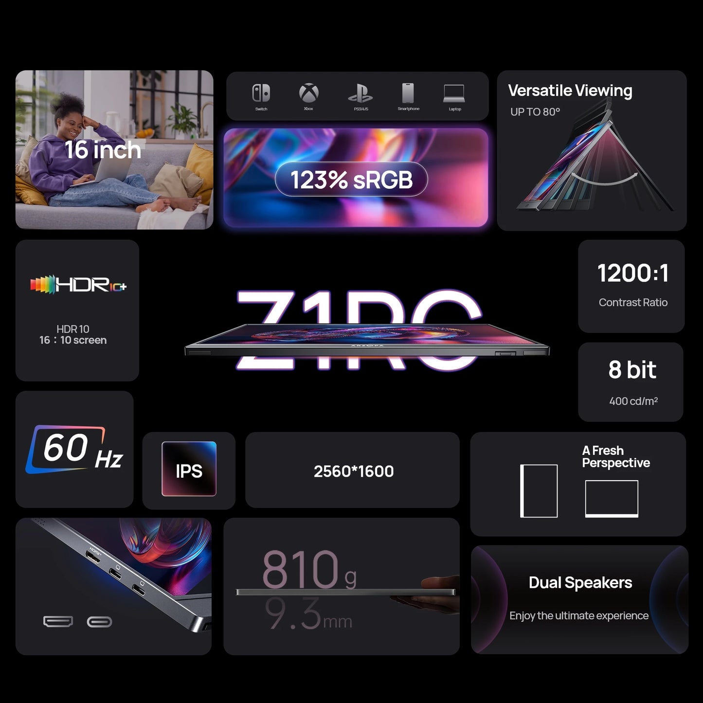 ARZOPA 16/16.1" Portable Monitor | 1K/2.5K, 60–144Hz, IPS, USB‑C & Mini HDMI