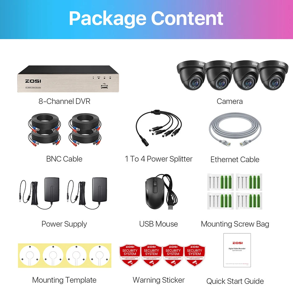 ZOSI 1080p 8CH Home CCTV Security System – H.265+ DVR with 2MP Indoor/Outdoor Dome Cameras