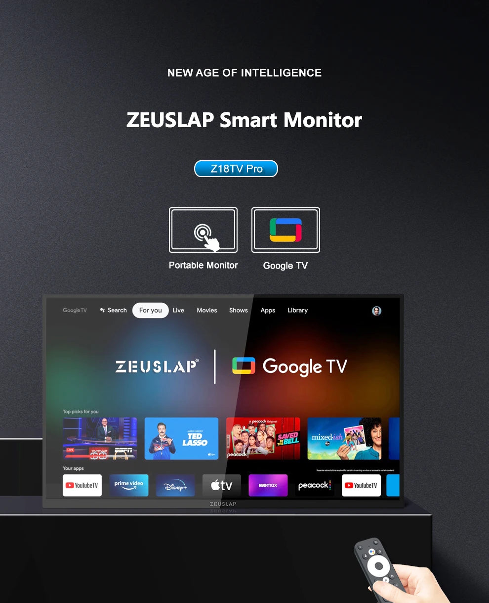 ZEUSLAP 18,5" pametni prenosni zaslon | Google TV, zaslon na dotik, USB‑C in HDMI