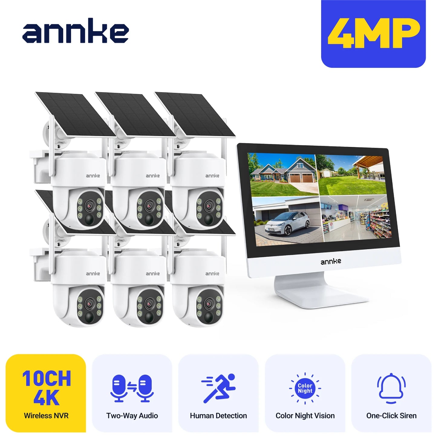 ANNKE 4MP Solar CCTV System | 10CH NVR, 5MP PTZ WiFi Cameras, PIR & Color Night Vision