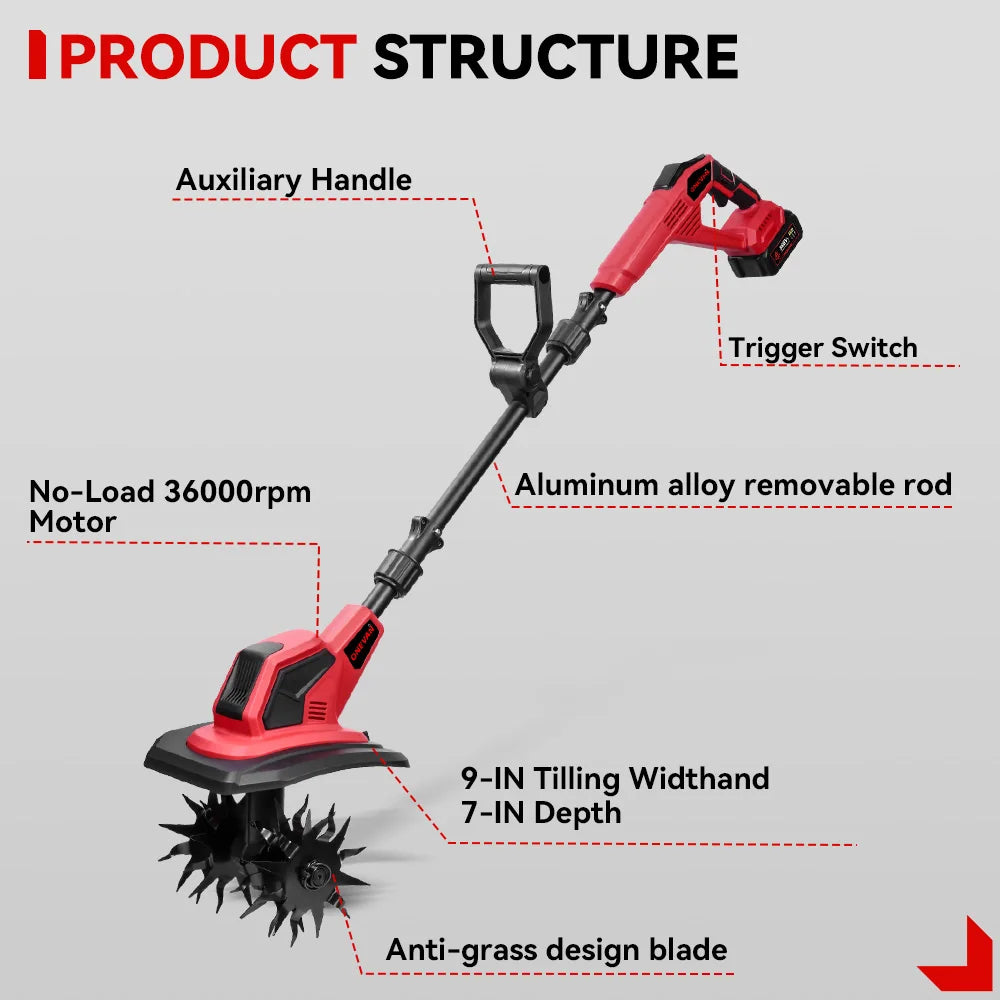 ONEVAN 4000W 36000RPM Electric Tiller Cultivator Cordless 17CM Electric Scarifier Garden Power Tool For Makita 18V Battery Pin