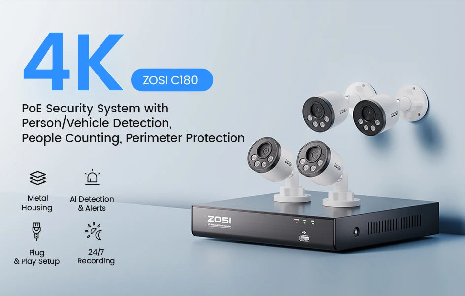 ZOSI 4K PoE NVR Security Camera System 8MP Weatherproof Wired PoE Cameras H.265+ 4K/8MP 8CH CCTV NVR for Home 24/7 Surveillance