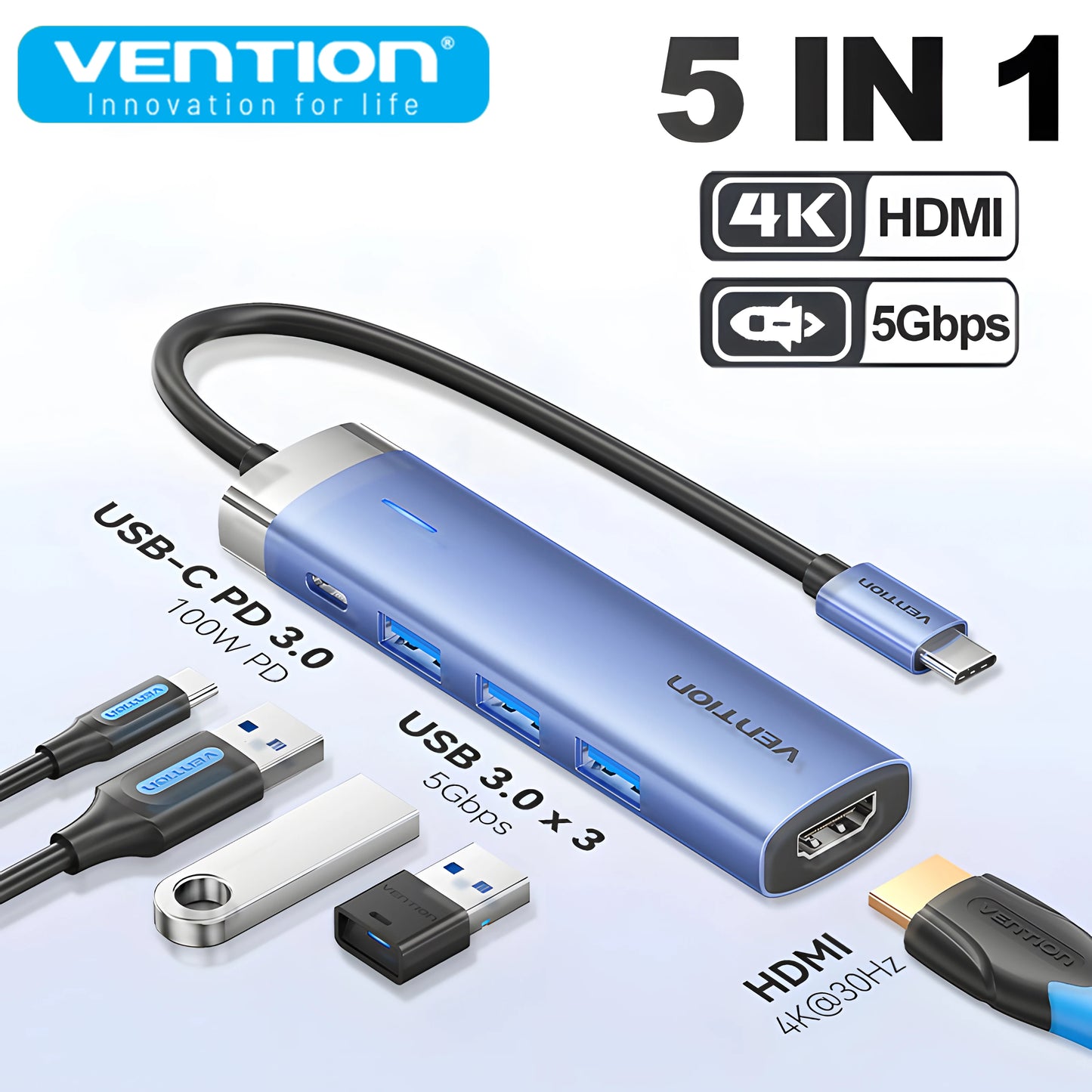 Vention USB‑C 5‑in‑1 Hub | HDMI 4K, PD 100W, USB 3.0 5Gbps Docking Station