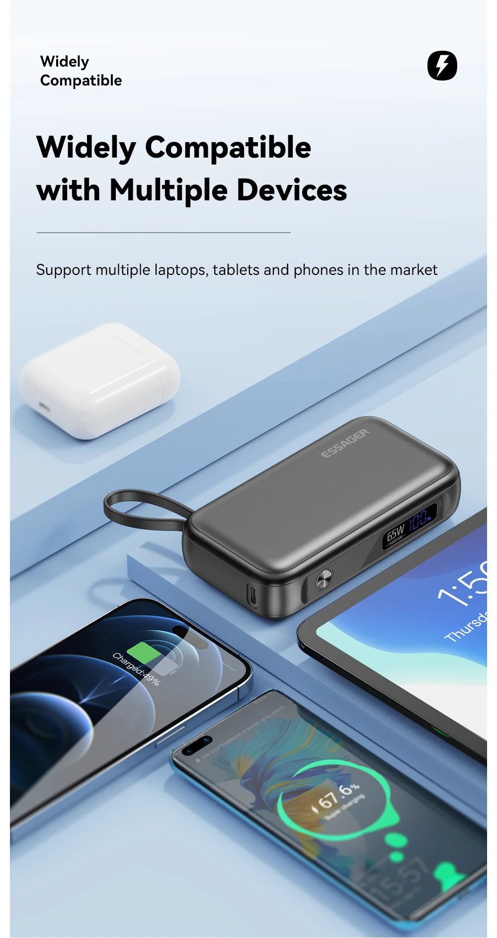 ESSAGER 15000mAh Power Bank 65W with USB-C Cable
