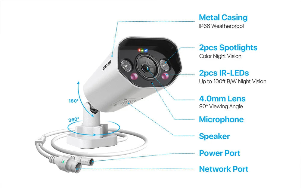 ZOSI 4K 8MP/5MP Add‑On PoE IP Camera – Ultra HD Security Cam for ZOSI 8CH & 16CH PoE