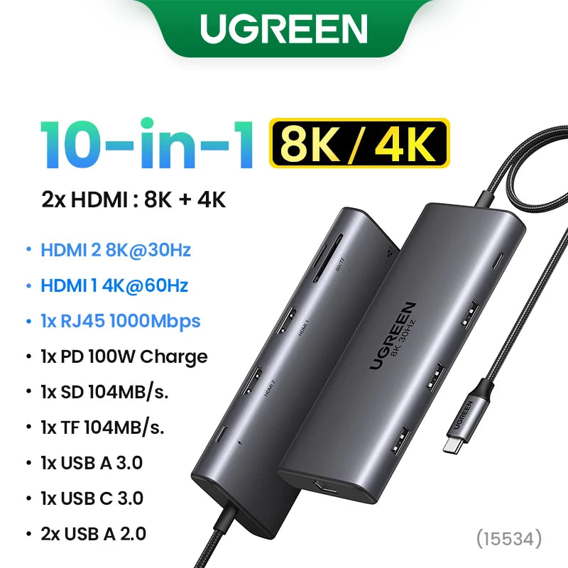UGREEN 10‑in‑1 Dual HDMI USB‑C Hub with 8K & 4K Output, Gigabit Ethernet, USB 3.0, PD100W