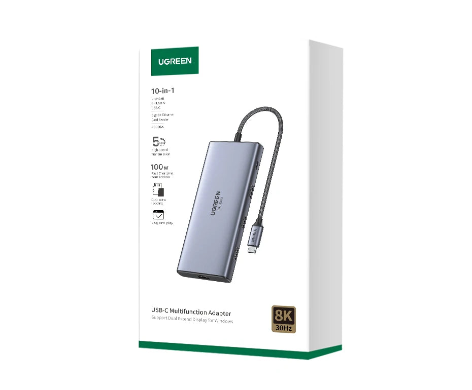 UGREEN 10‑in‑1 Dual HDMI USB‑C Hub with 8K & 4K Output, Gigabit Ethernet, USB 3.0, PD100W