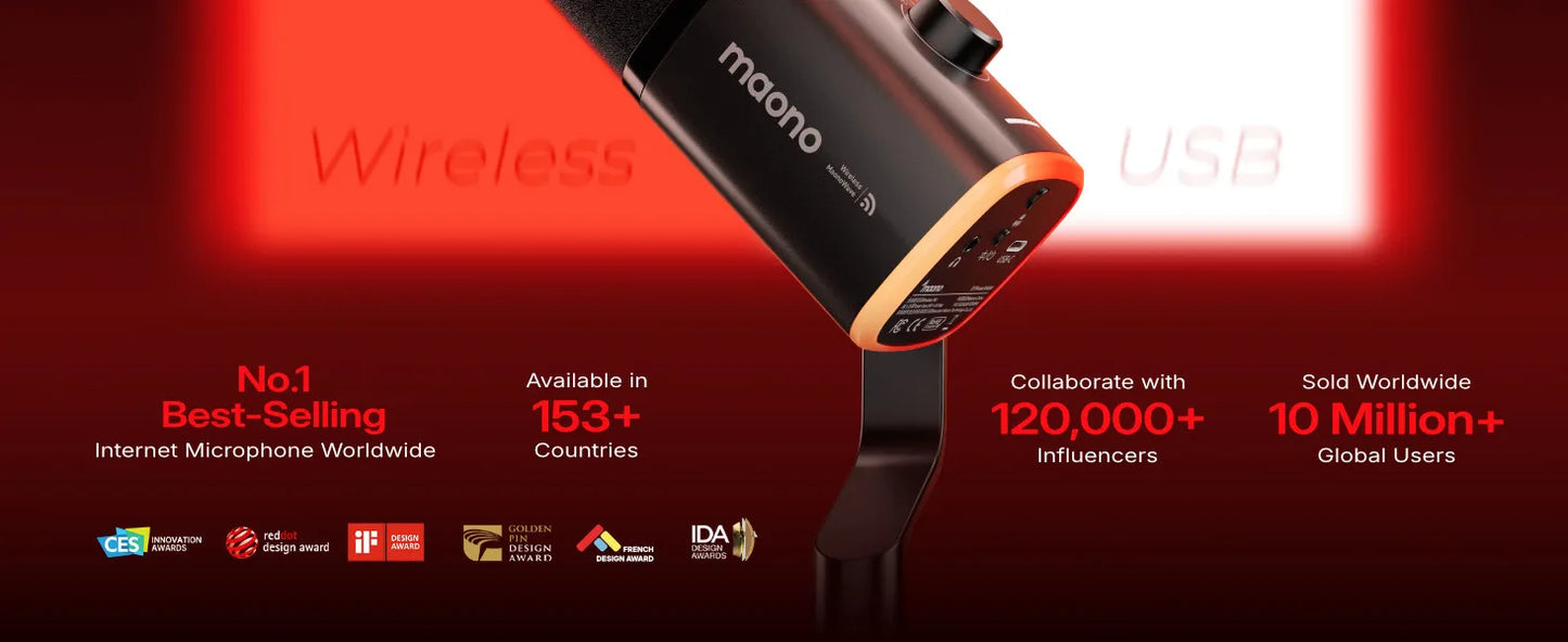 Maono PD100W – Wireless Dynamic Microphone | 50 m Range, One‑Touch Noise Reduction & RGB Lighting for Gaming, Streaming & Live Recording