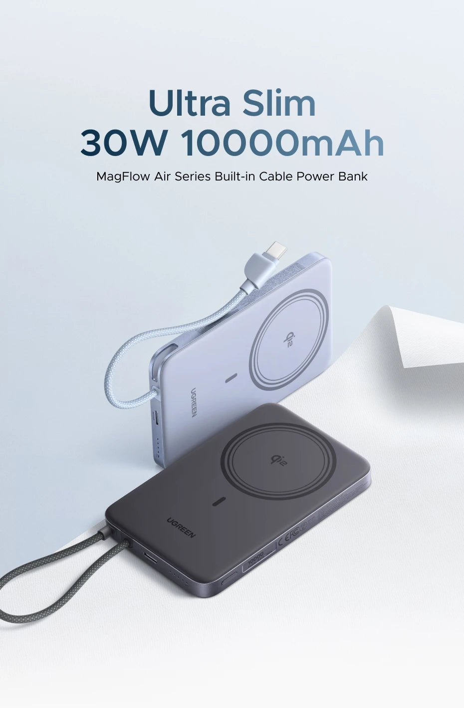 UGREEN Ultra‑Slim 30W 10000mAh Magnetic Power Bank – Wireless Qi2