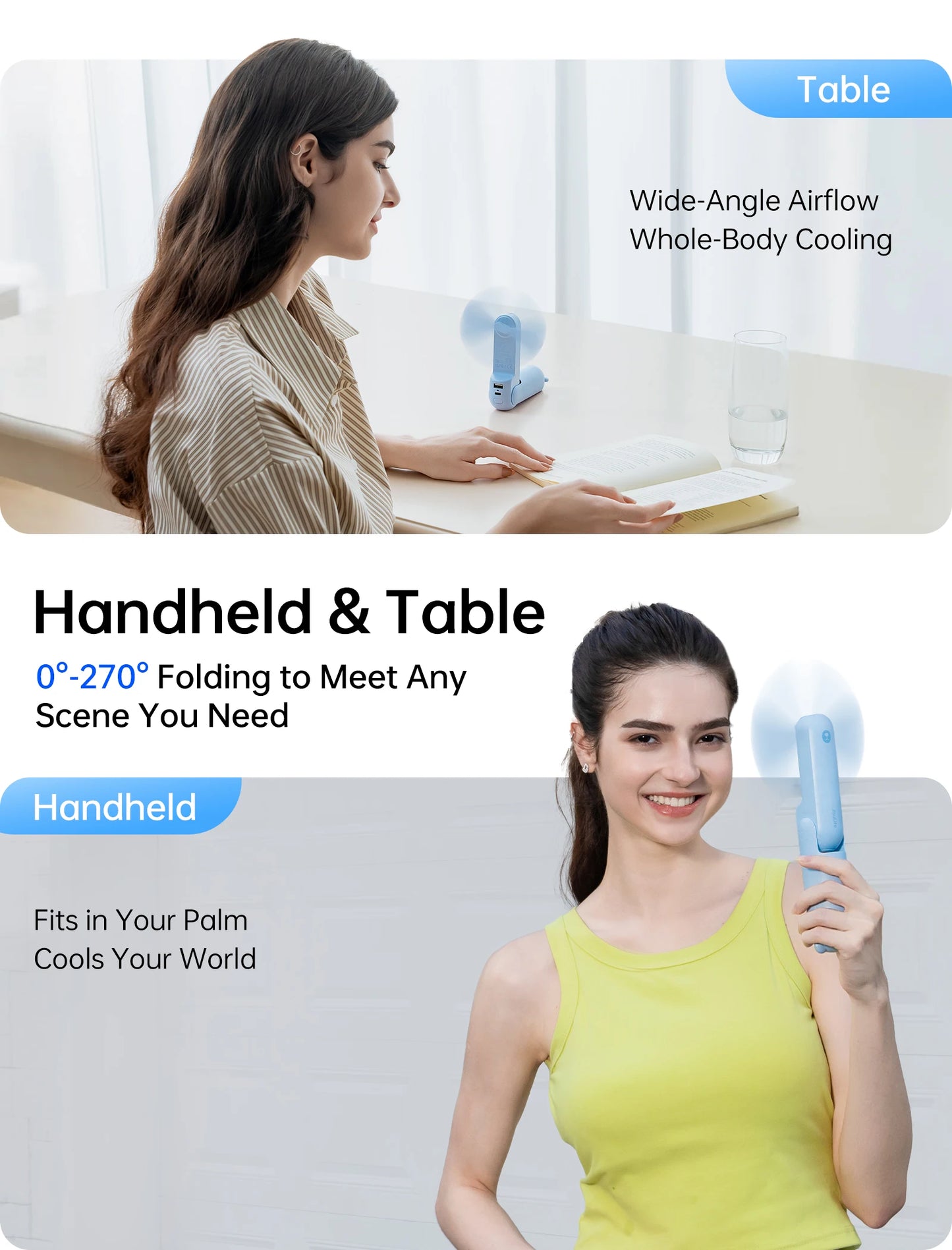 JISULIFE Handheld Fan, 4500mAh Battery 37hrs Runtime, 3 Speeds, Pocket Portable Folding Personal Fan with Power Bank Flashlight