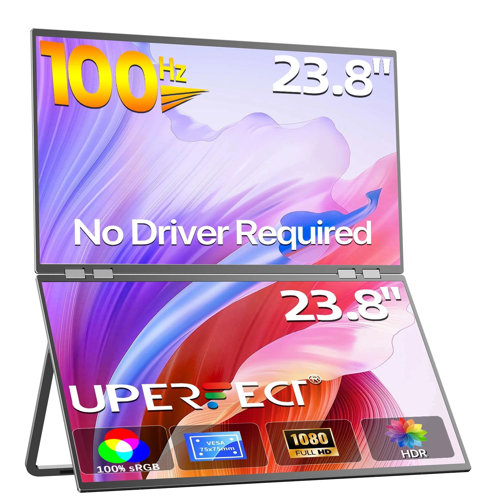 UPERFECT Delta Mega 23.8" Dual Screen Computer Monitor with 100Hz Refresh Rate and Built-in Speakers for Laptop, Desktop PC, MAC, and Phone Extended Play - Limetastore