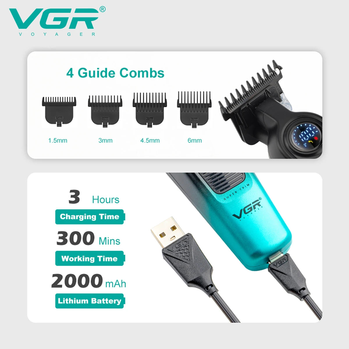 VGR Hair Cutting Machine Cordless Trimmer Electric Hair Clipper Rechargeable Haircut Barber Professional Trimmer for Men V-996
