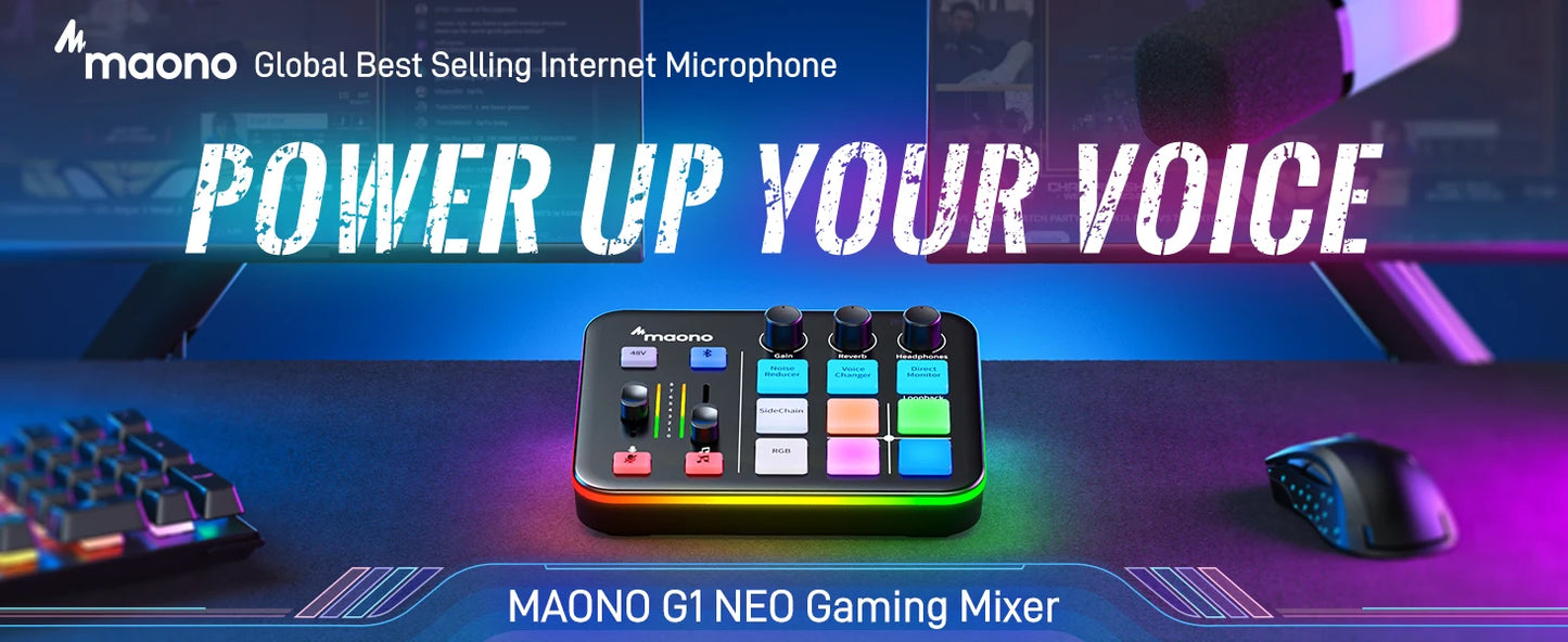 Maono G1 NEO – Gaming Audio Interface | 4‑Channel Mixer, Custom Sound Effects, RGB Lighting, XLR Input for Streaming & Podcasting