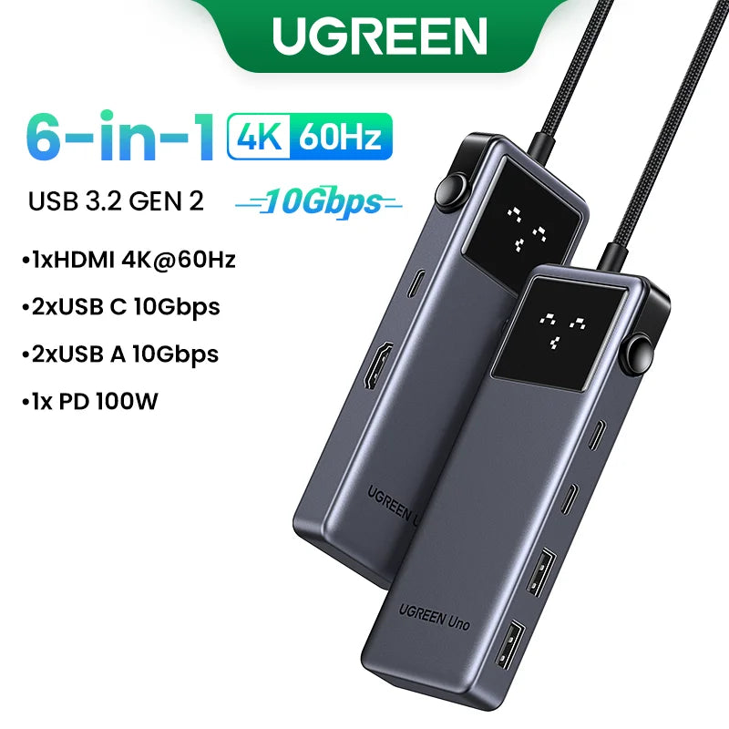 UGREEN Uno 6‑in‑1 USB‑C Hub with 4K60Hz HDMI, 10Gbps USB 3.2, PD100W