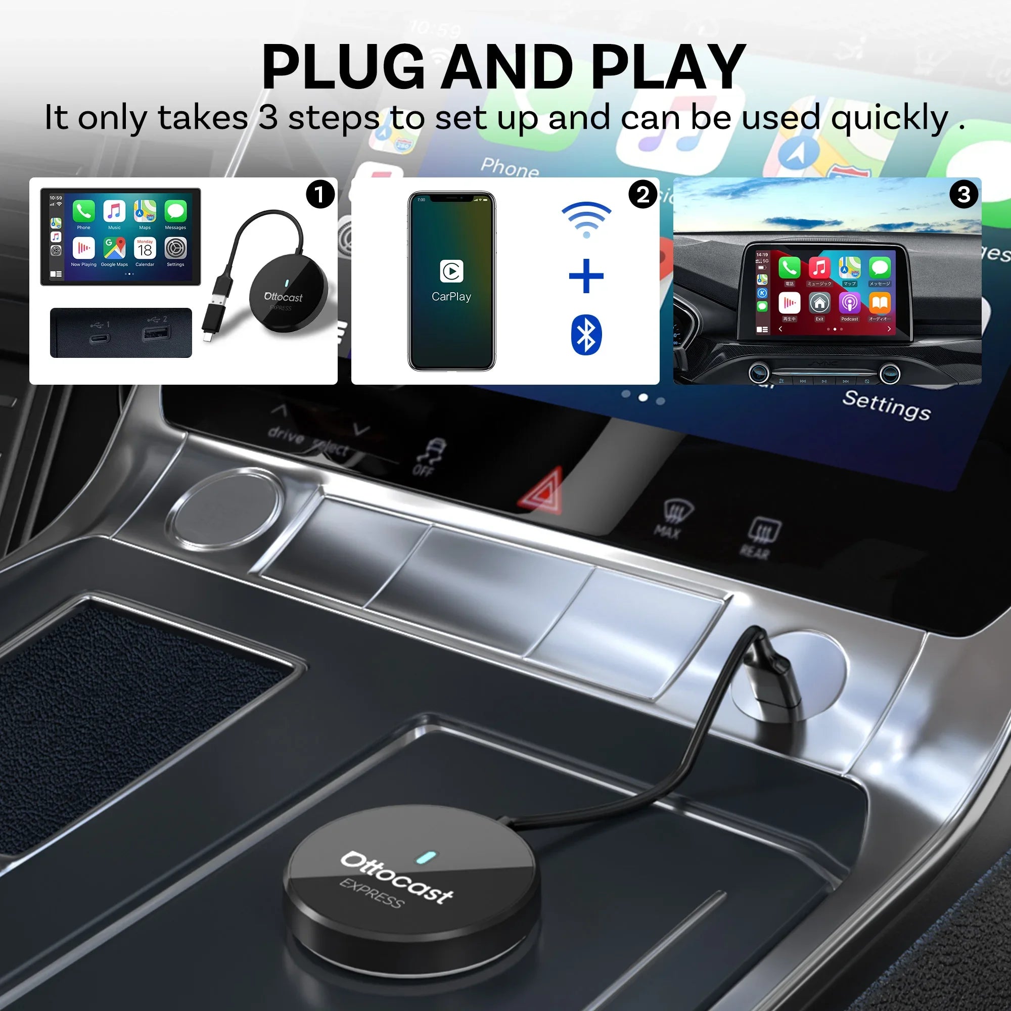 OTTOCAST Express 2‑in‑1 Wireless CarPlay & Android Auto Adapter