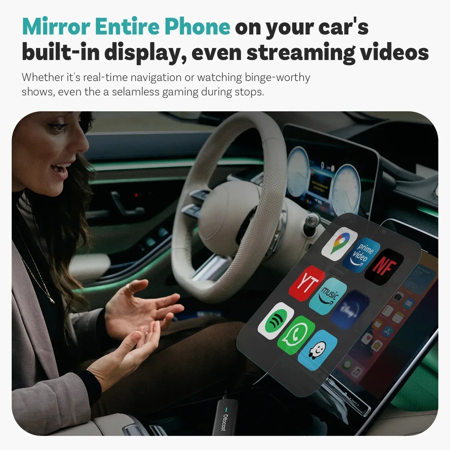 OTTOCAST Mirror Touch Bi‑Mirroring & Wireless CarPlay Adapter