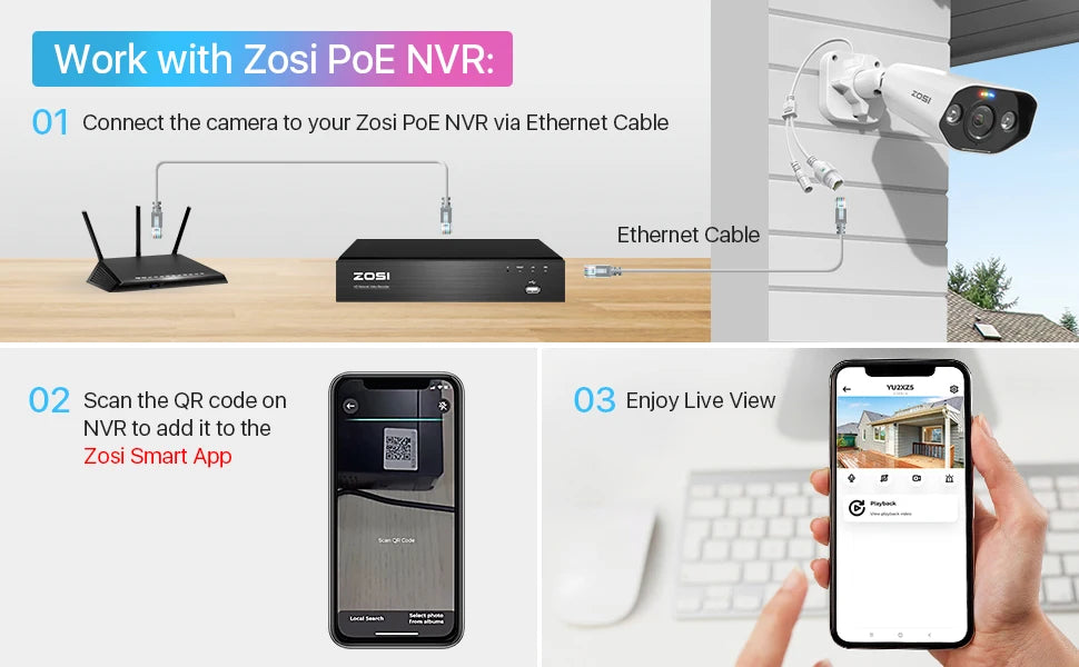 ZOSI 4K 8MP PoE Add‑On IP Camera – Ultra HD Security Cam with Two‑Way Audio, Full‑Color Night Vision