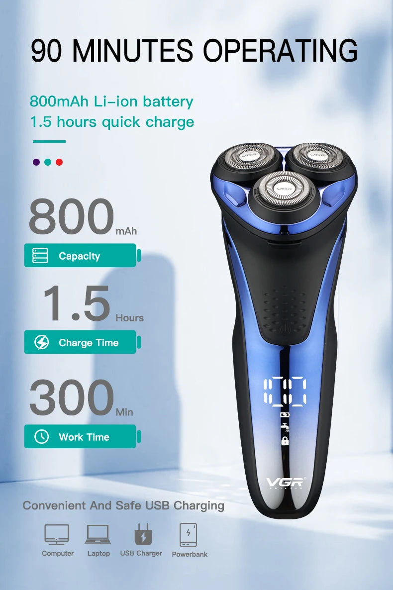 VGR Electric Shaver Professional Razor Waterproof Beard Trimmer Rotary 3D Floating Shaving Rechargeable Electric for Men V-306