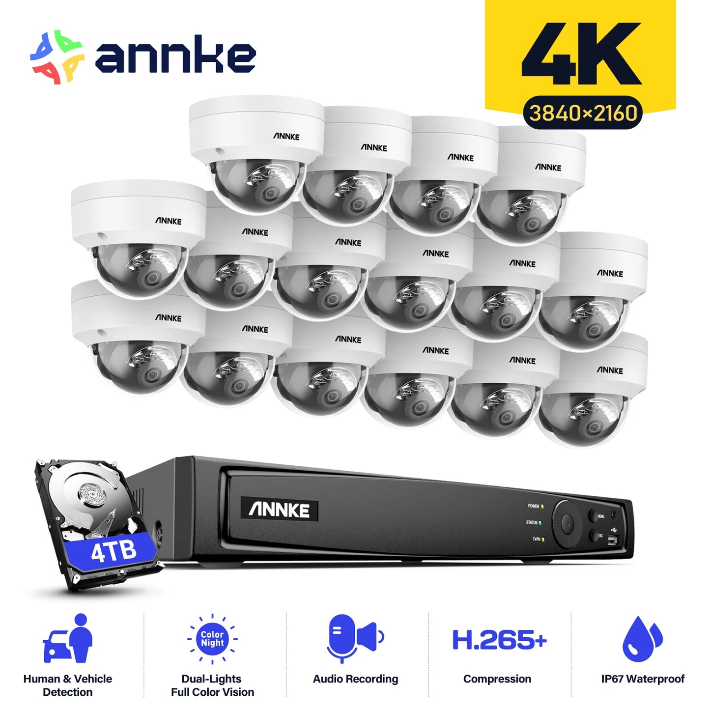 ANNKE 4K 8MP PoE CCTV System | 16CH H.265 NVR, 16× 8MP EXIR Cameras, 30m Night Vision