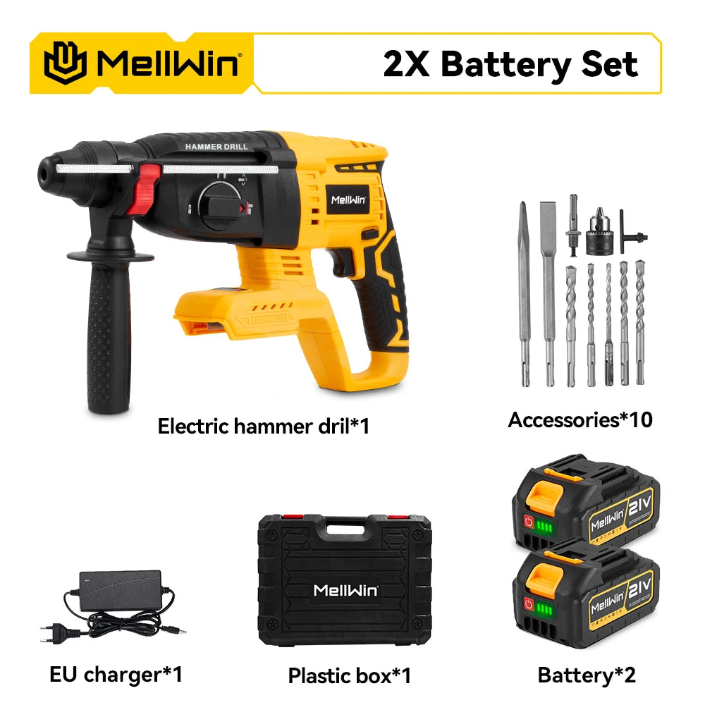 MELLWIN 3 in 1 Brushless Electric Hammer Drill Multifunction Impact Hammer for Steel Concrete Wood For Makita 18V Battery Pin - Limetastore