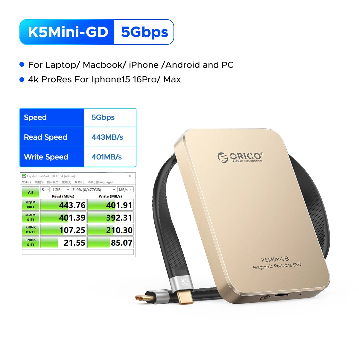ORICO K5MINI‑VB 480GB Portable SSD – 460MB/s USB 3.2 External Solid State Drive
