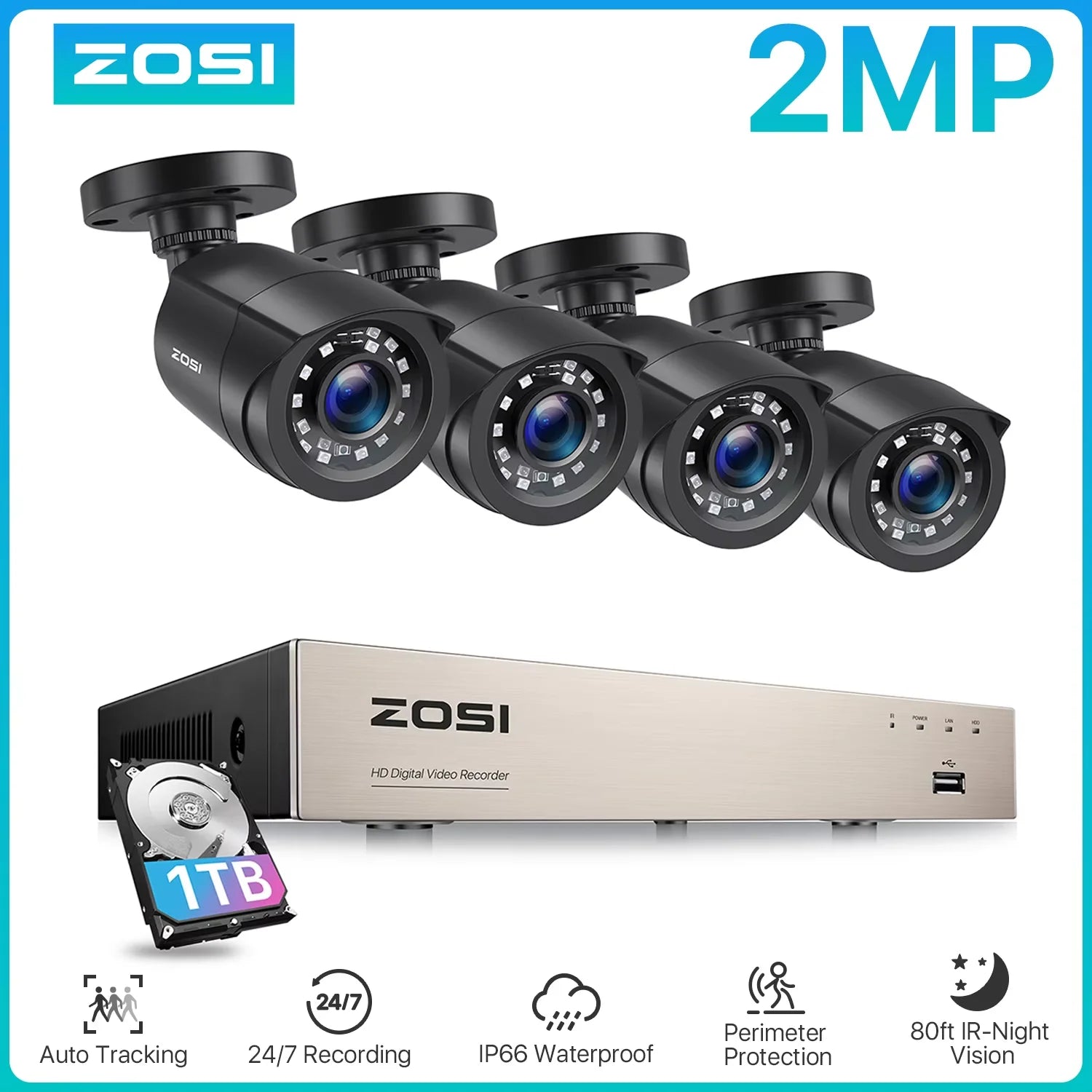 ZOSI 8CH 1080P CCTV Security System – 5MP Lite H.265+ DVR with 2/4/6/8× 2MP Outdoor Night Vision Cameras