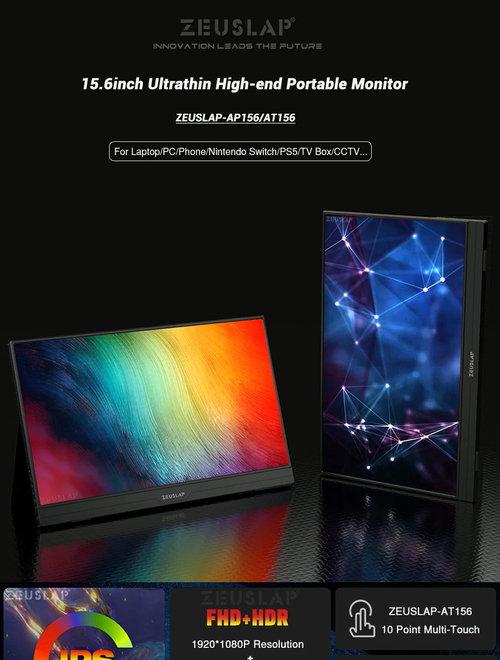 ZEUSLAP 15.6" Portable Monitor | Ultrathin 1080P FHD HDR IPS, Touch/Non‑Touch, USB‑C & HDMI