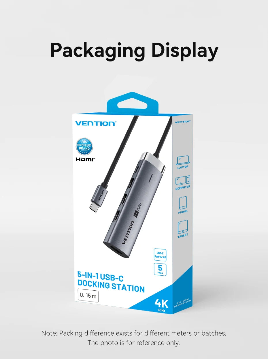 Vention 5‑in‑1 USB‑C Hub | 4K60Hz HDMI, USB 3.0, PD100W Multiport Dock for MacBook & Android