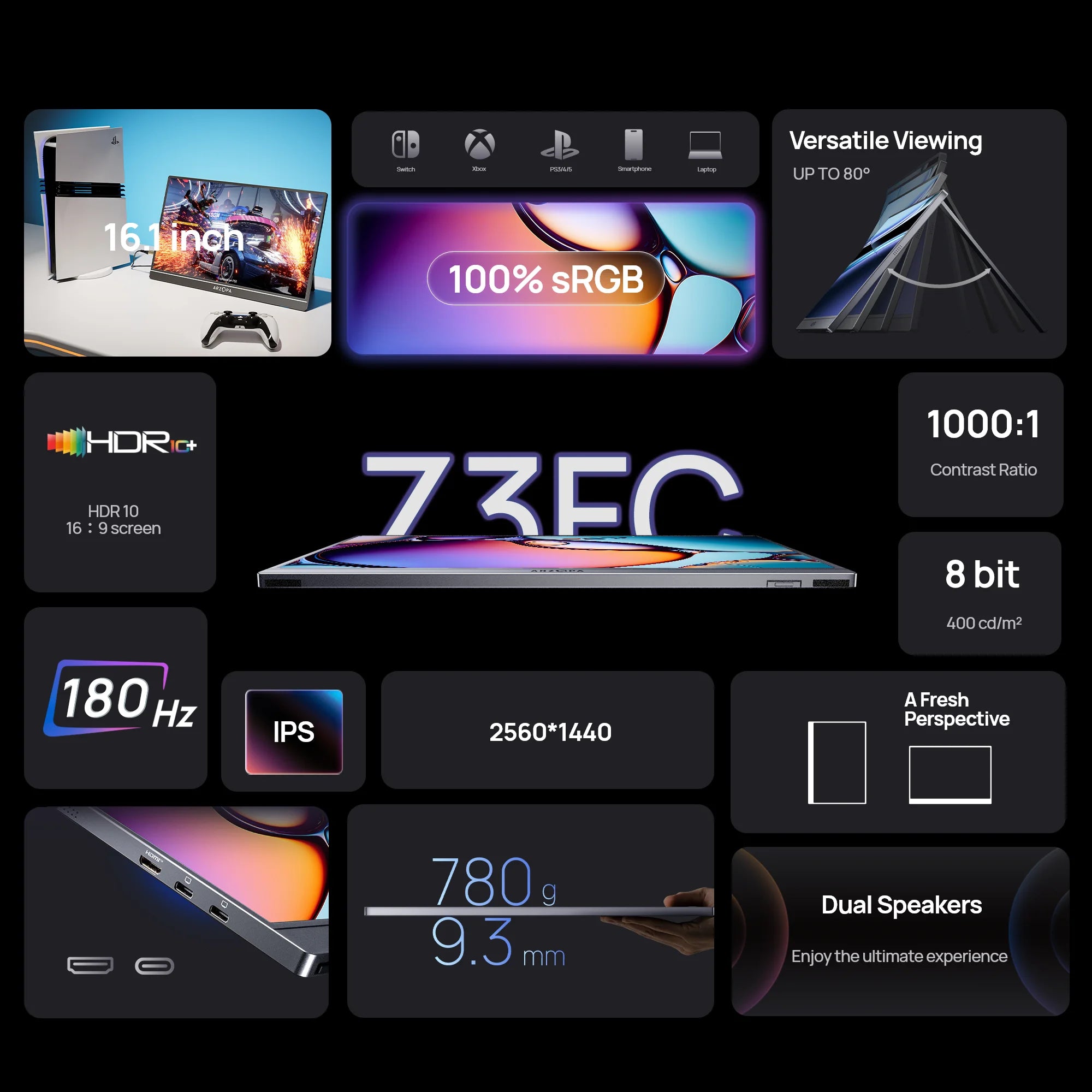 ARZOPA Z3FC 16.1" Portable Monitor | 2.5K QHD, 180Hz, HDR, IPS, Gaming & Work