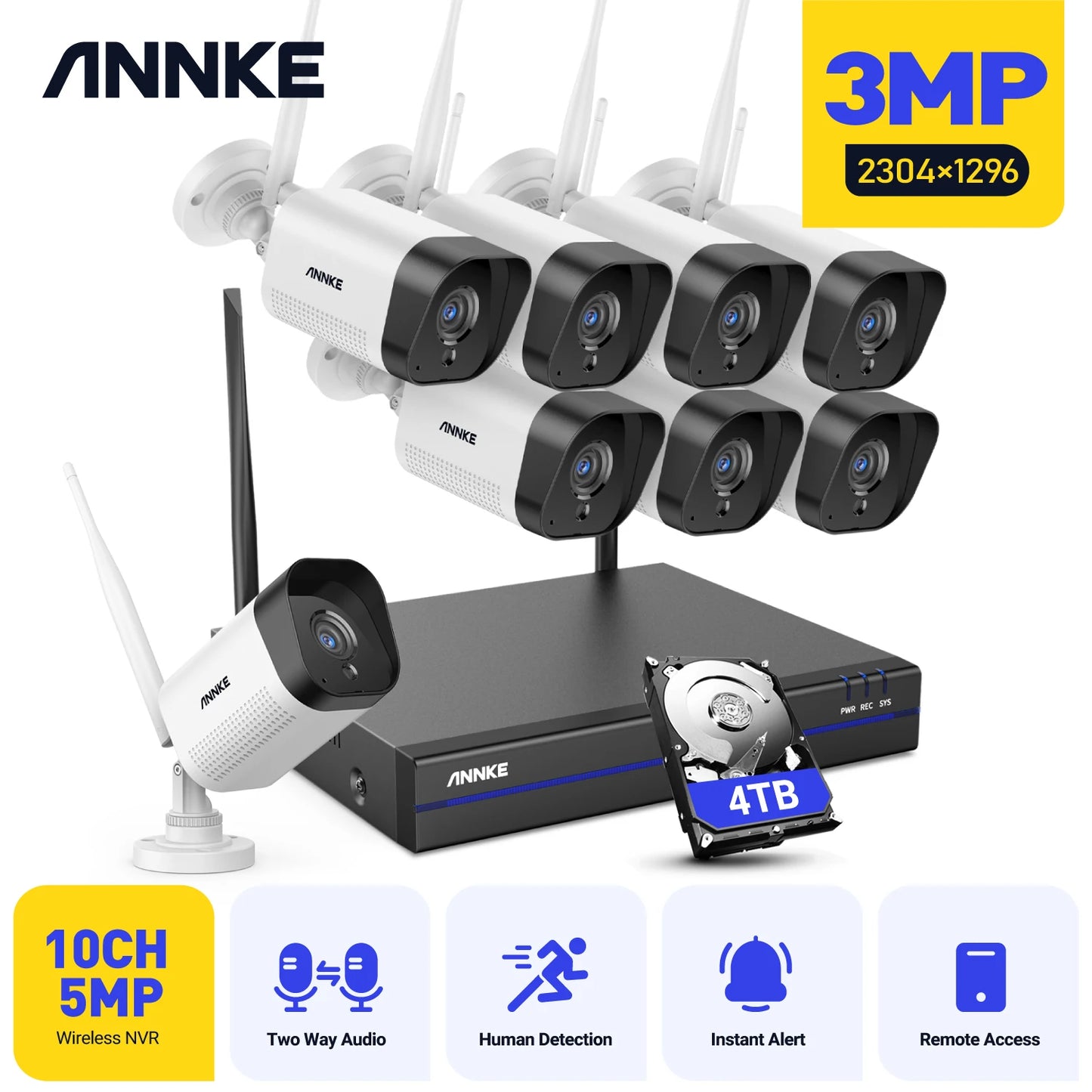 ANNKE 3MP FHD Brezžični CCTV Sistem | 8-kanalni NVR, 3MP WiFi Bullet Kamere, Zunanji Nadzor