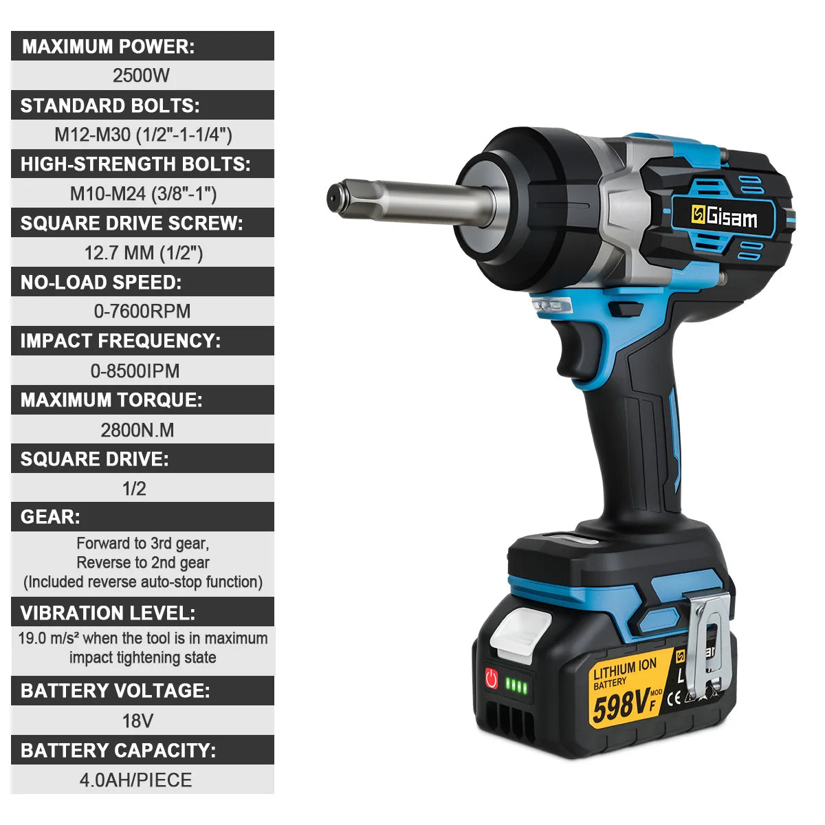 Gisam 2800N.m Brushless Impact Wrench 1/2"