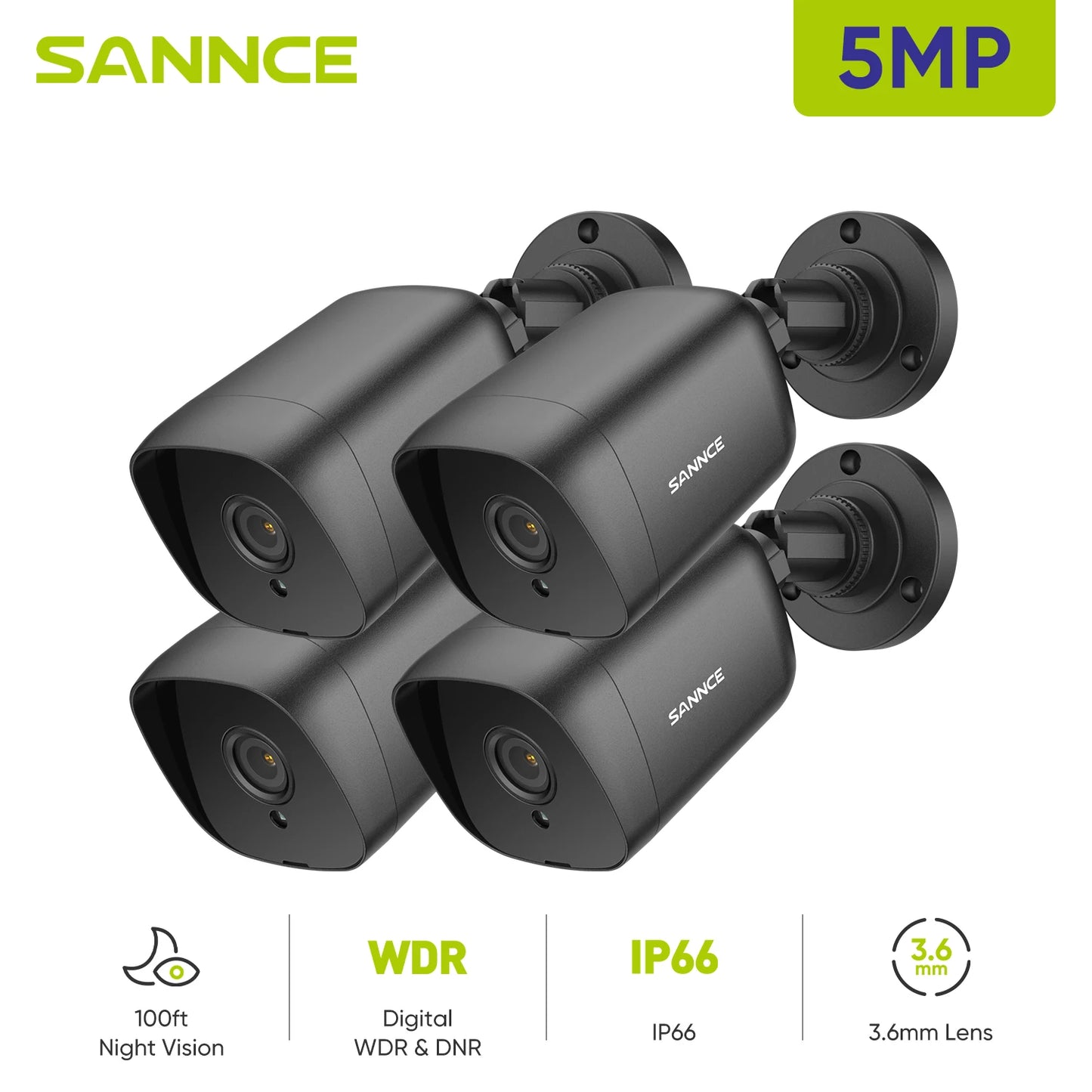 SANNCE 5MP TVI Cameras | 4× IR Night Vision, 12 IR LEDs, 3.6mm Lens, BNC Cable