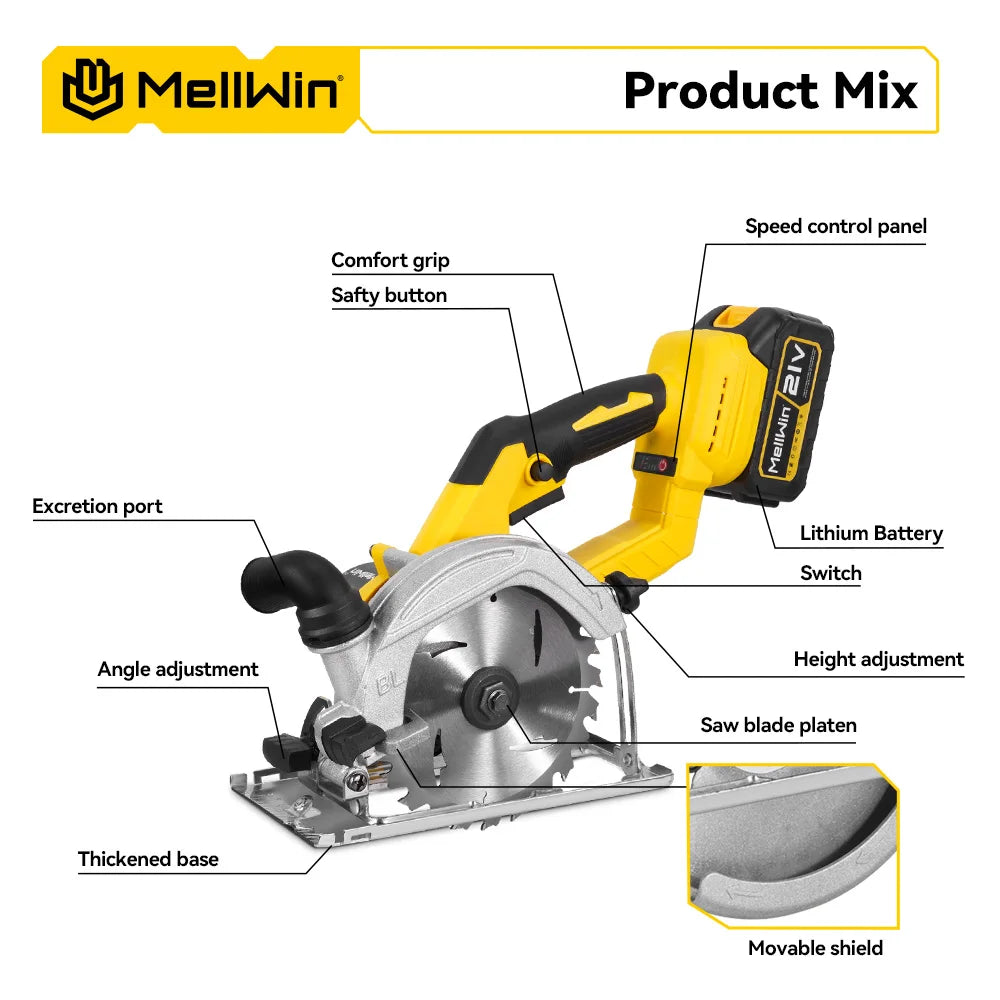 MELLWIN Brushless 6 Inch Electric Circular Saw 3 Gear Cordless Handheld Circular Saw Woodworking Tool For Makita 18V Battery Pin - Limetastore