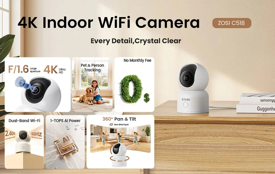 ZOSI C518 2K/4K Indoor Pan‑Tilt Smart WiFi Camera – 360° Baby & Pet Monitor with AI Human Tracking