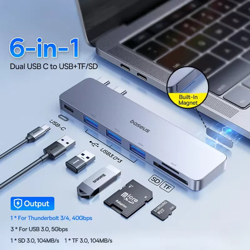 Baseus Dual USB‑C Hub | HDMI 4K@30Hz, Thunderbolt 3/4 40Gbps, USB 3.0, SD/TF