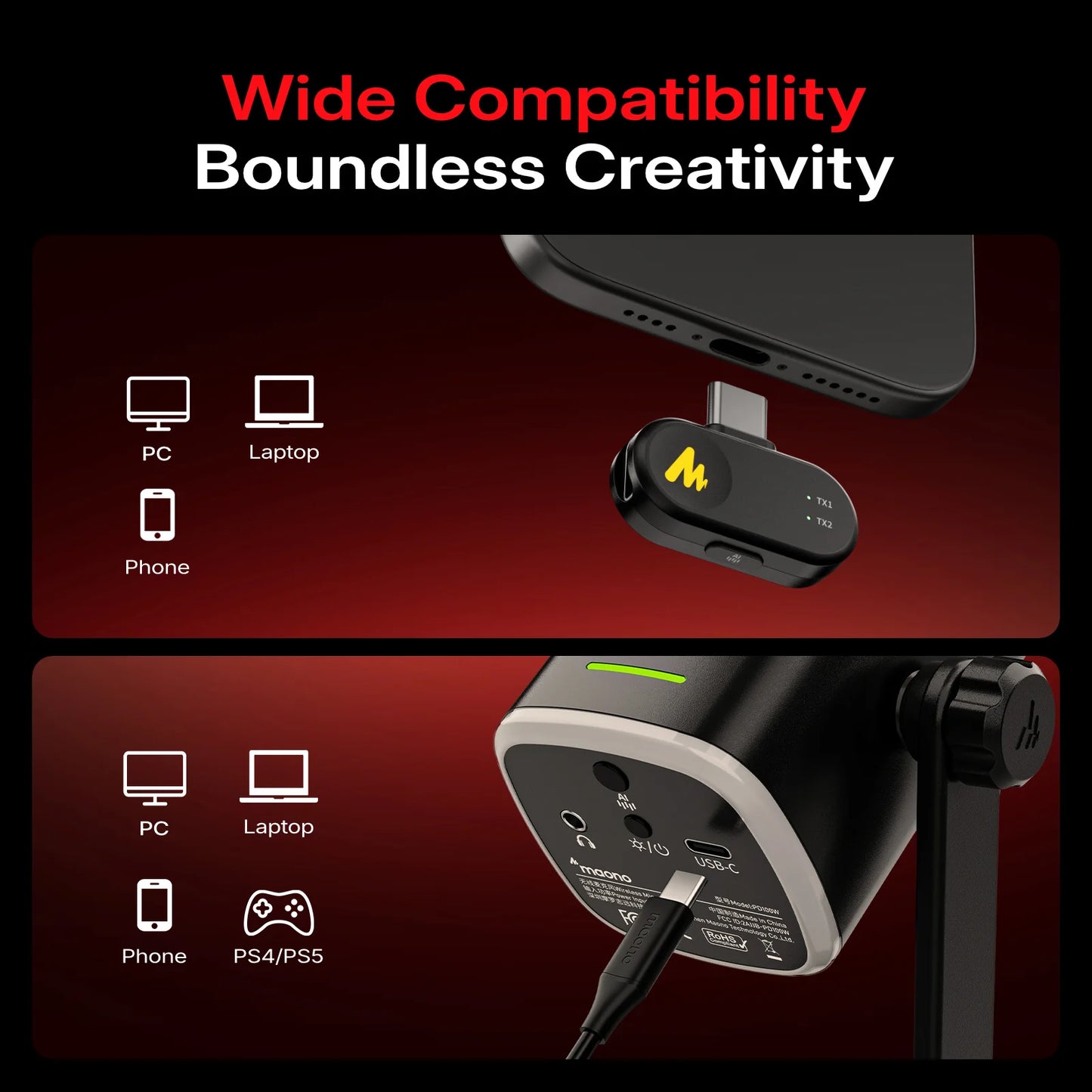 Maono PD100W – Wireless Dynamic Microphone | 50 m Range, One‑Touch Noise Reduction & RGB Lighting for Gaming, Streaming & Live Recording