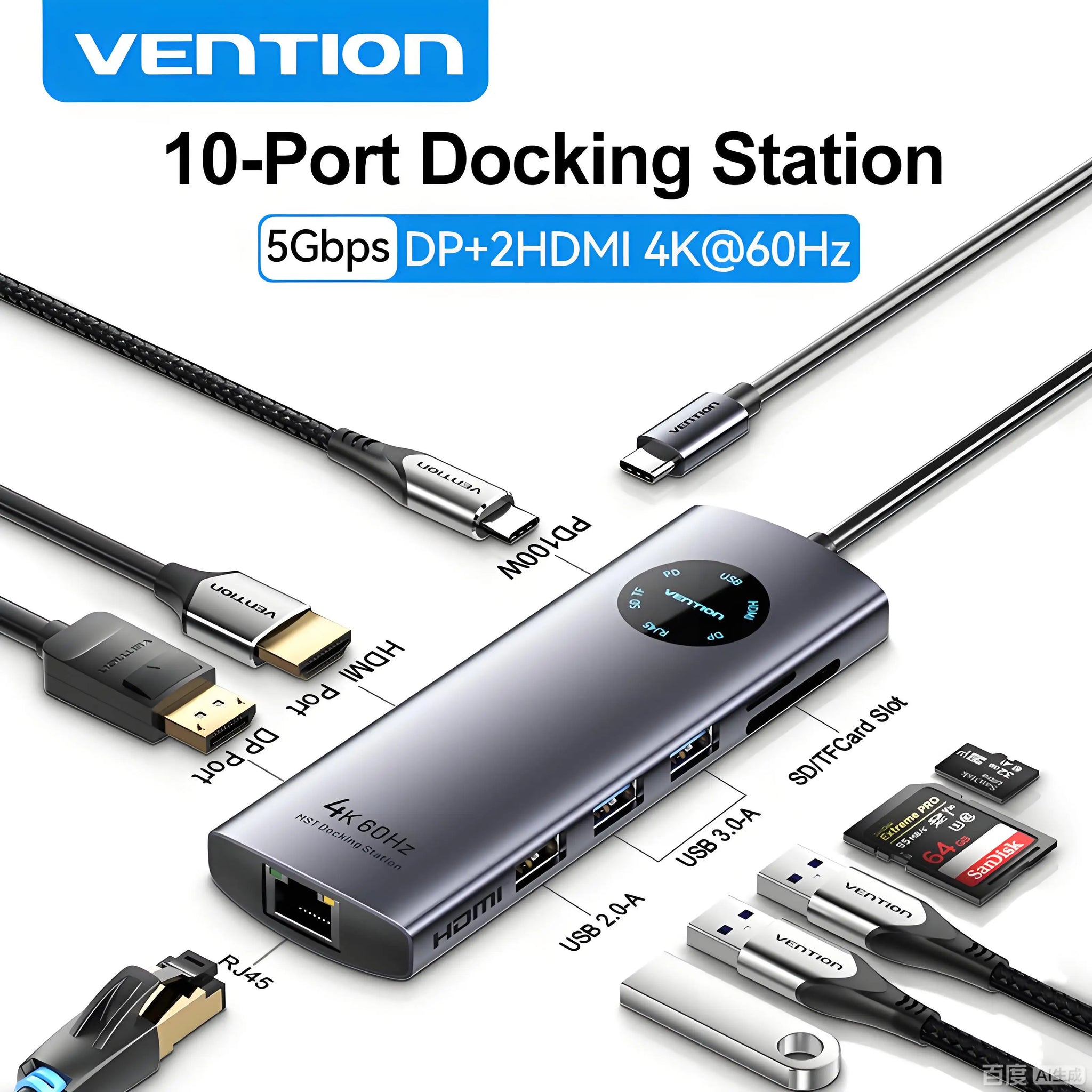 Vention USB‑C 10‑in‑1 Hub | HDMI + DP 4K60Hz, RJ45, PD 100W, USB 3.0 Docking Station