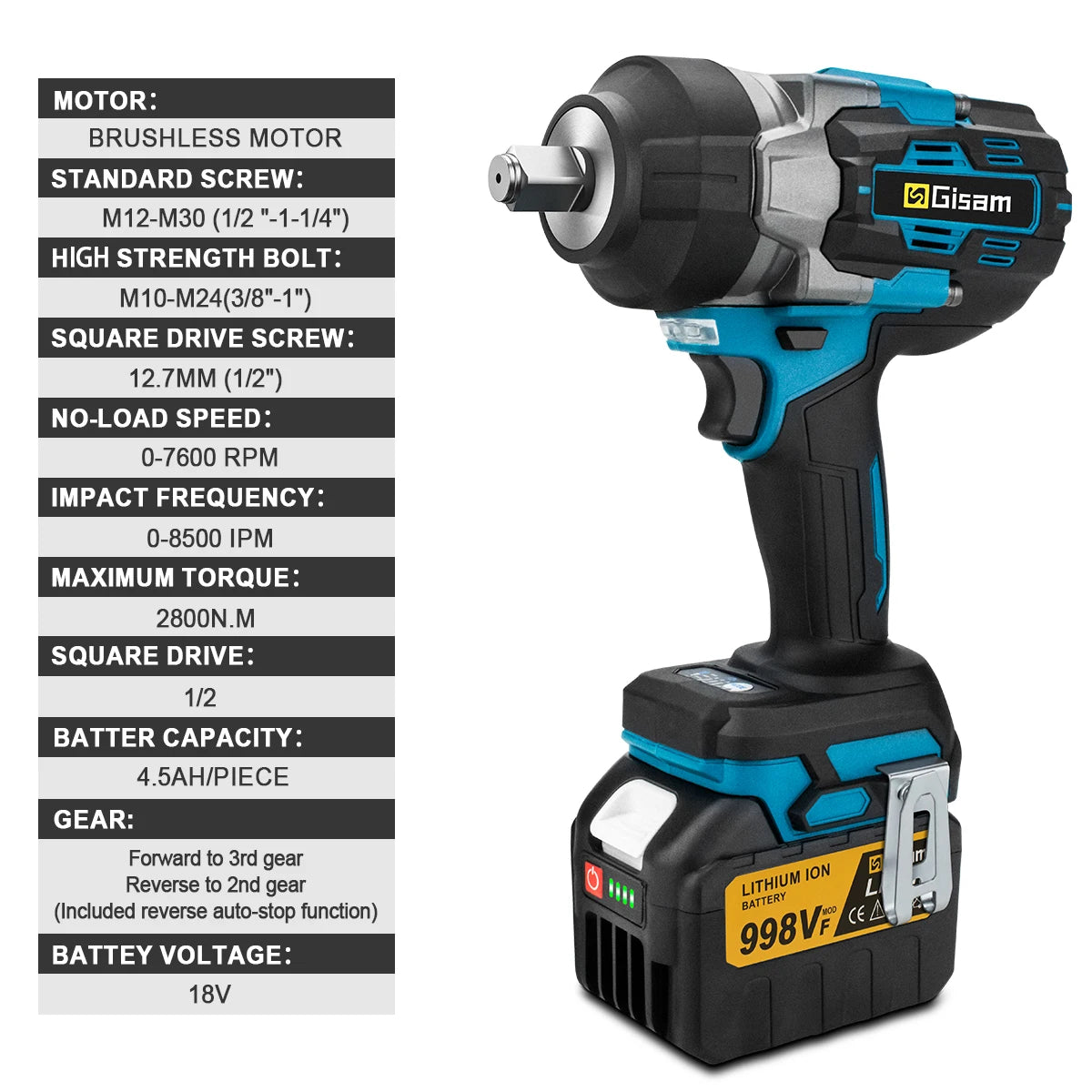 Gisam 2800N.m Brushless Impact Wrench 1/2" for Makita 18V