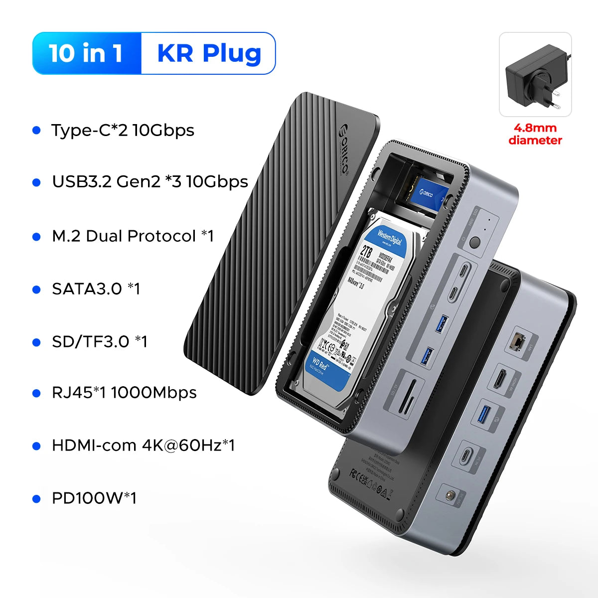 ORICO 10‑in‑1 Docking Station Deck with Dual M.2 NVMe SSD Enclosure, 3.5" Hard Drive Bay