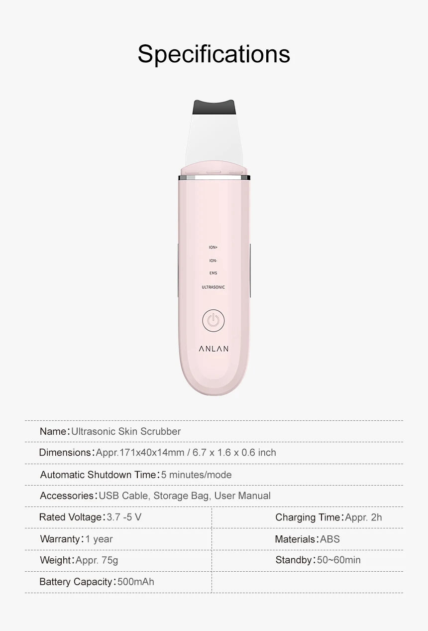 ANLAN Ultrasonic Skin Scrubber - Deep Cleaning Peeling Shovel for Facial Care and Skin Lifting - Ultrasonic Cleaner for Radiant Skin - Limetastore