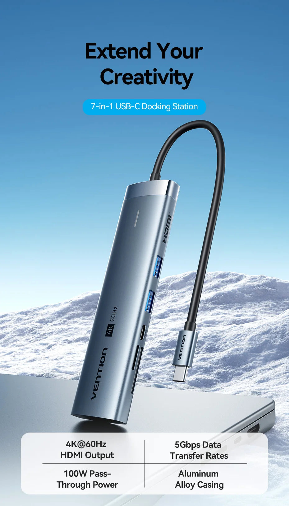Vention USB‑C 7‑in‑1 Hub | 4K60Hz HDMI, USB 3.0, SD/TF, PD 100W Docking Station