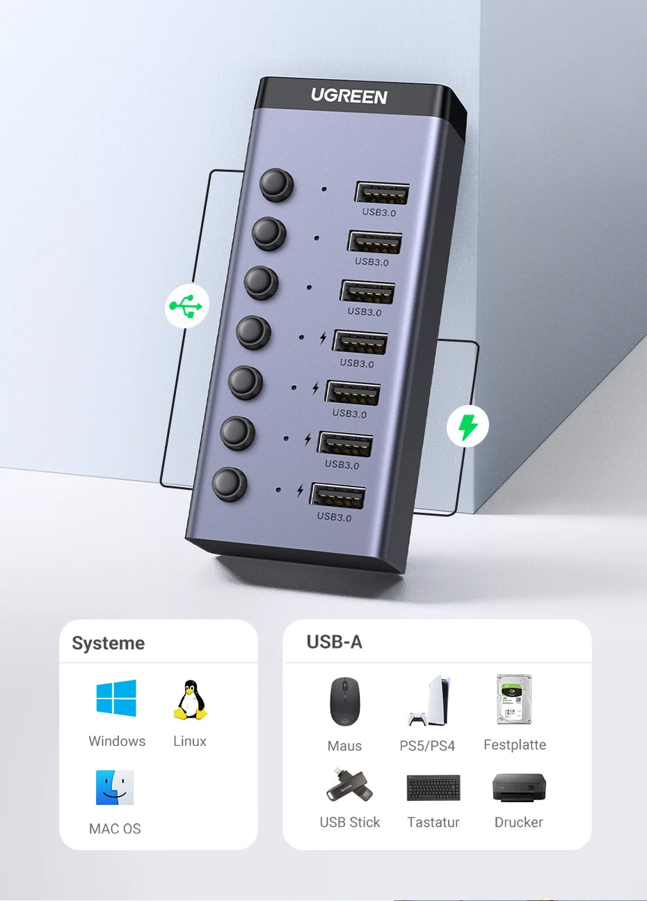 UGREEN 7‑Port USB 3.0 Hub with Individual Power Switches, 5Gbps High‑Speed Data
