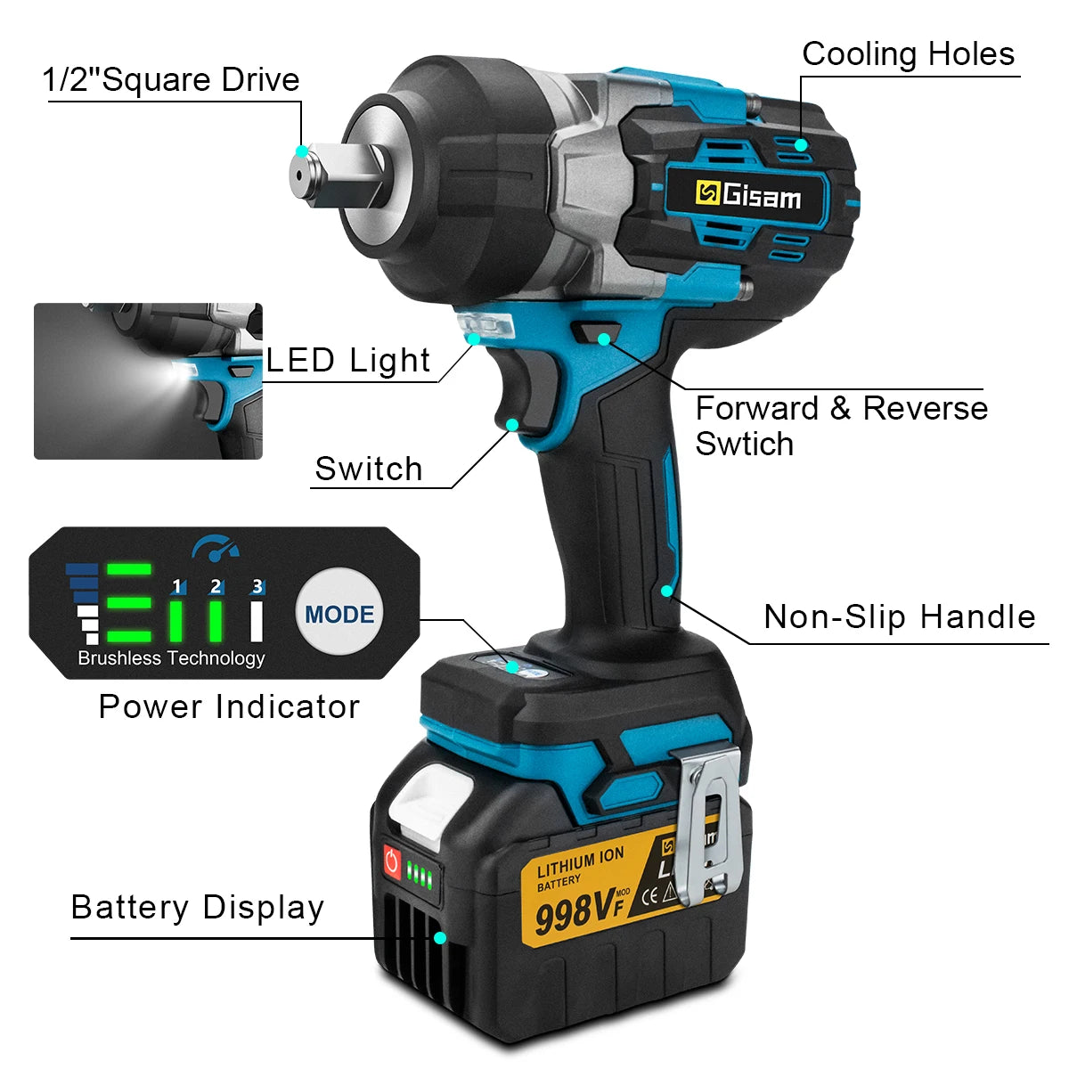 Gisam 2800N.m Brushless Impact Wrench 1/2" for Makita 18V